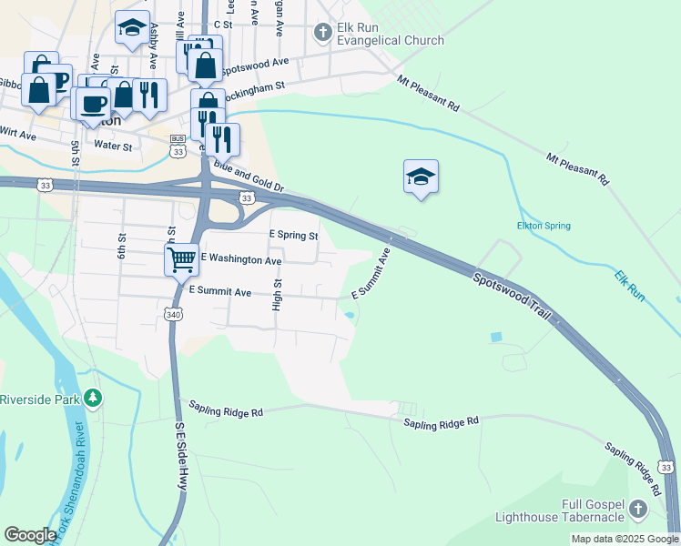 map of restaurants, bars, coffee shops, grocery stores, and more near 127 Pine Street in Elkton