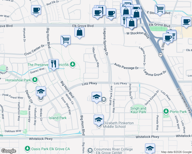 map of restaurants, bars, coffee shops, grocery stores, and more near 9761 Allen Ranch Way in Elk Grove
