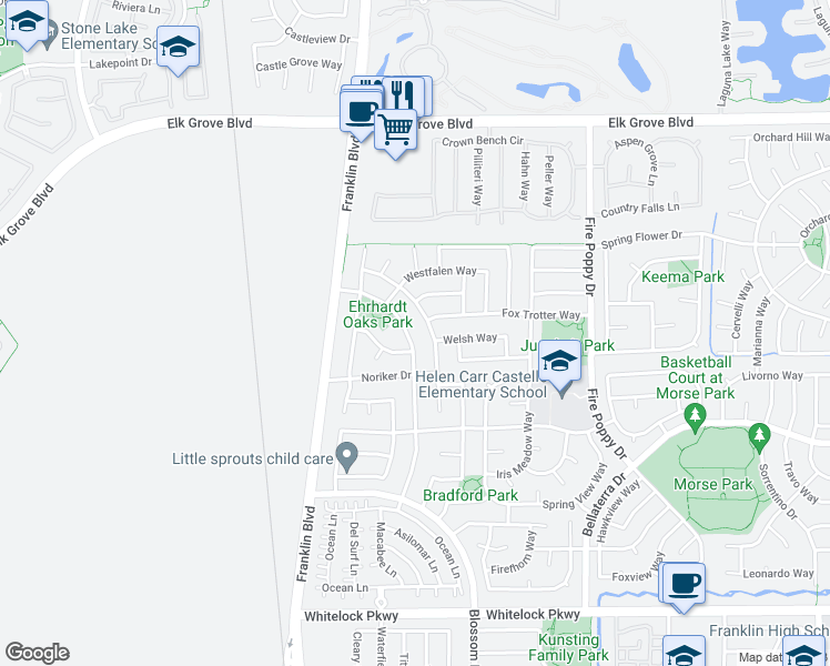 map of restaurants, bars, coffee shops, grocery stores, and more near 4901 Percheron Drive in Elk Grove