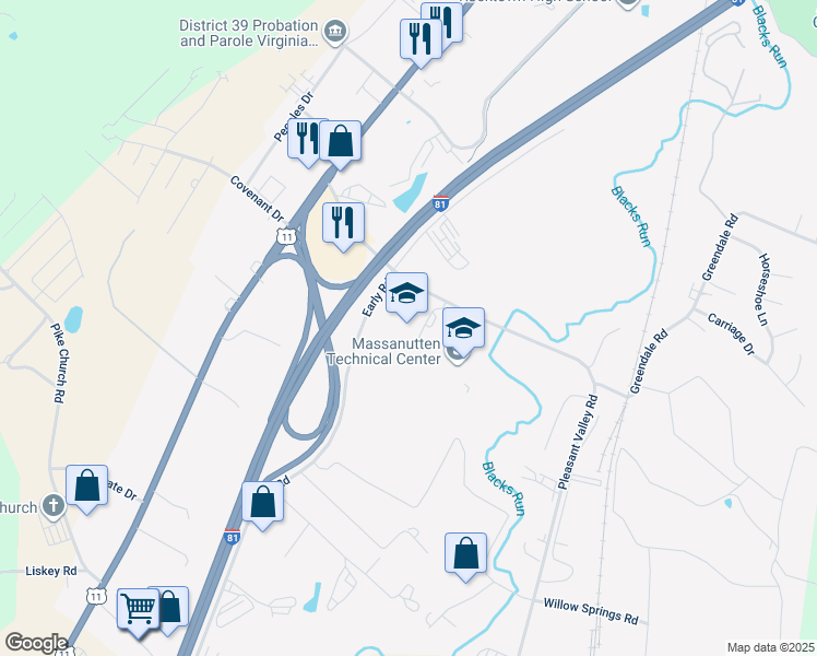 map of restaurants, bars, coffee shops, grocery stores, and more near 215 Pleasant Valley Road in Harrisonburg