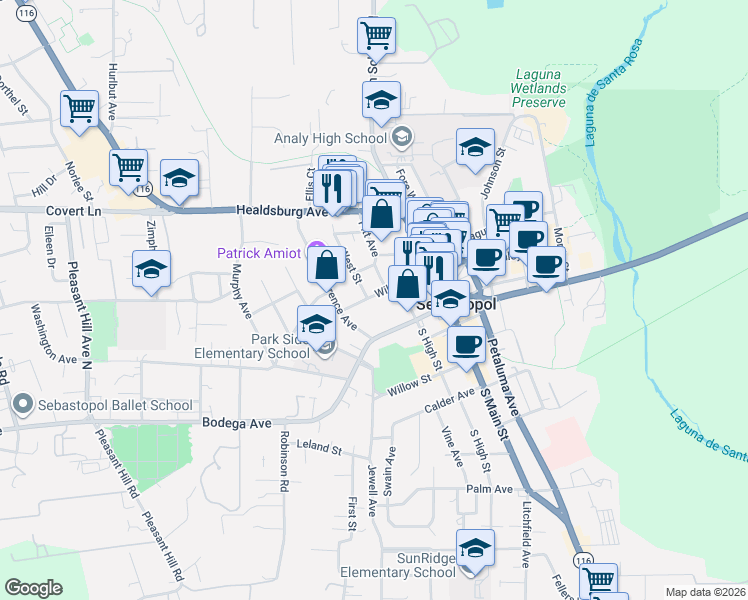 map of restaurants, bars, coffee shops, grocery stores, and more near 234 Pitt Avenue in Sebastopol
