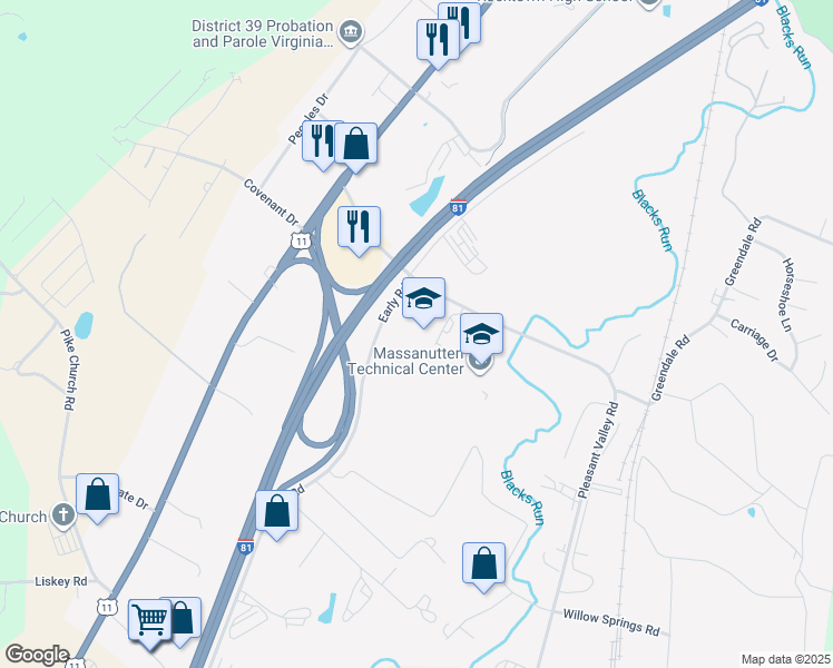 map of restaurants, bars, coffee shops, grocery stores, and more near 3501-3705 Early Road in Harrisonburg