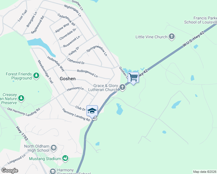 map of restaurants, bars, coffee shops, grocery stores, and more near 12010 Springmeadow Lane in Goshen