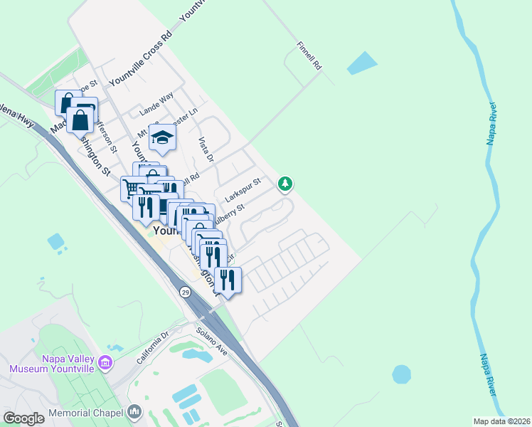 map of restaurants, bars, coffee shops, grocery stores, and more near 1870 Oak Circle in Yountville