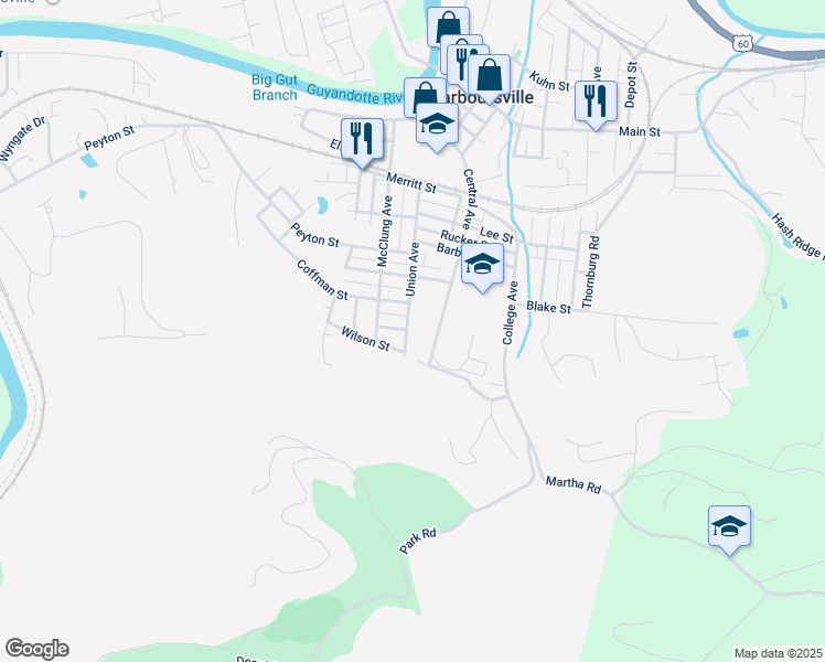 map of restaurants, bars, coffee shops, grocery stores, and more near 1600-1622 Union Ave in Barboursville