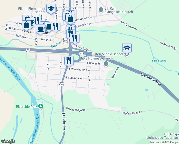 map of restaurants, bars, coffee shops, grocery stores, and more near High Street in Elkton