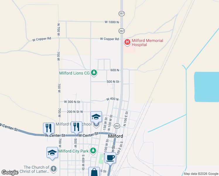 map of restaurants, bars, coffee shops, grocery stores, and more near 481 North 100 West Street in Milford