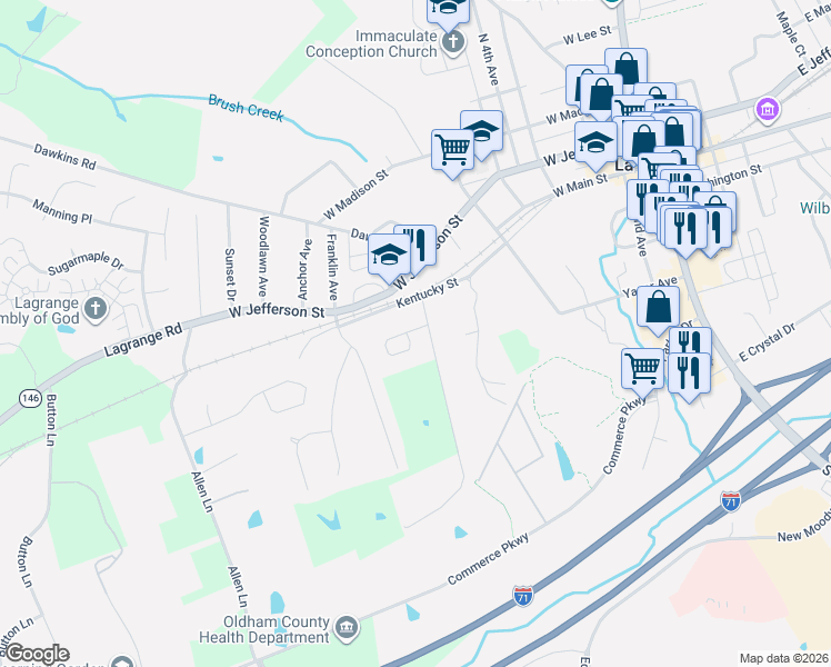 map of restaurants, bars, coffee shops, grocery stores, and more near 104 Clifford Lane in La Grange