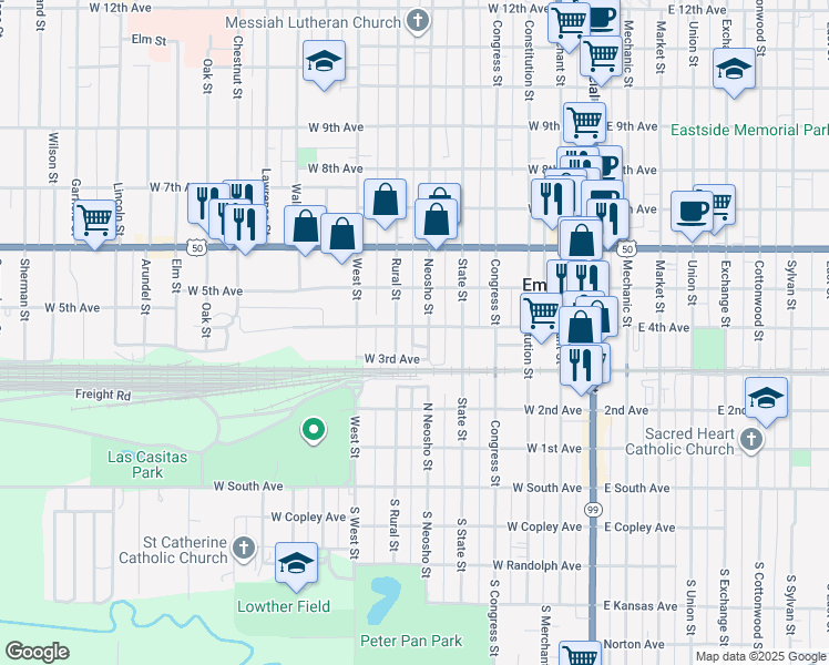 map of restaurants, bars, coffee shops, grocery stores, and more near 406 Rural Street in Emporia