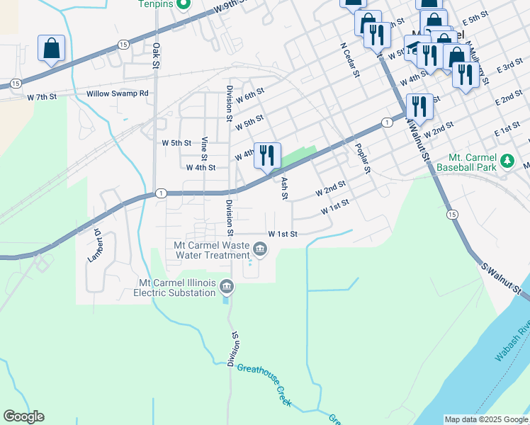 map of restaurants, bars, coffee shops, grocery stores, and more near Timberlake Lane in Mount Carmel