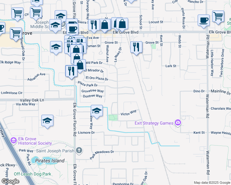map of restaurants, bars, coffee shops, grocery stores, and more near 9138 Plaza Park Drive in Elk Grove