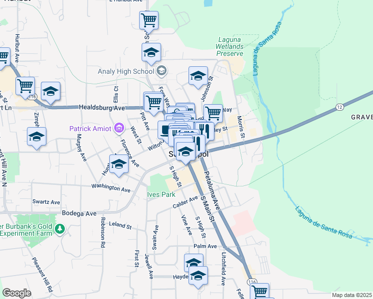 map of restaurants, bars, coffee shops, grocery stores, and more near 175 California 116 in Sebastopol