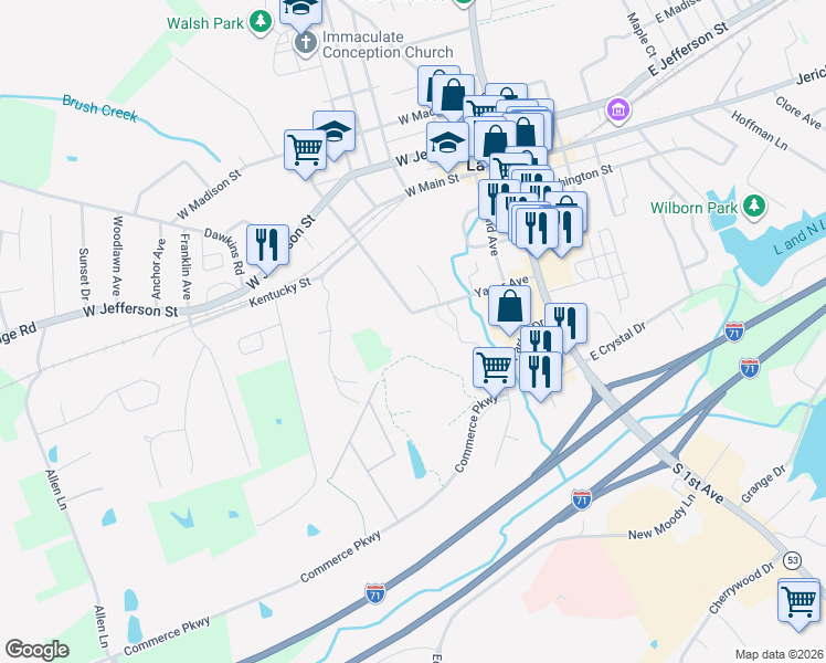 map of restaurants, bars, coffee shops, grocery stores, and more near 225 Yager Avenue in La Grange