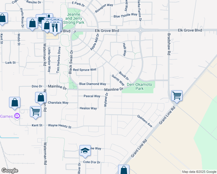 map of restaurants, bars, coffee shops, grocery stores, and more near 9765 Dynasty Way in Elk Grove