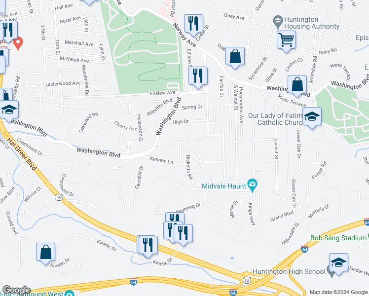 map of restaurants, bars, coffee shops, grocery stores, and more near 490 Chestnut Drive in Huntington