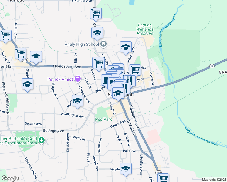 map of restaurants, bars, coffee shops, grocery stores, and more near 175 California 116 in Sebastopol