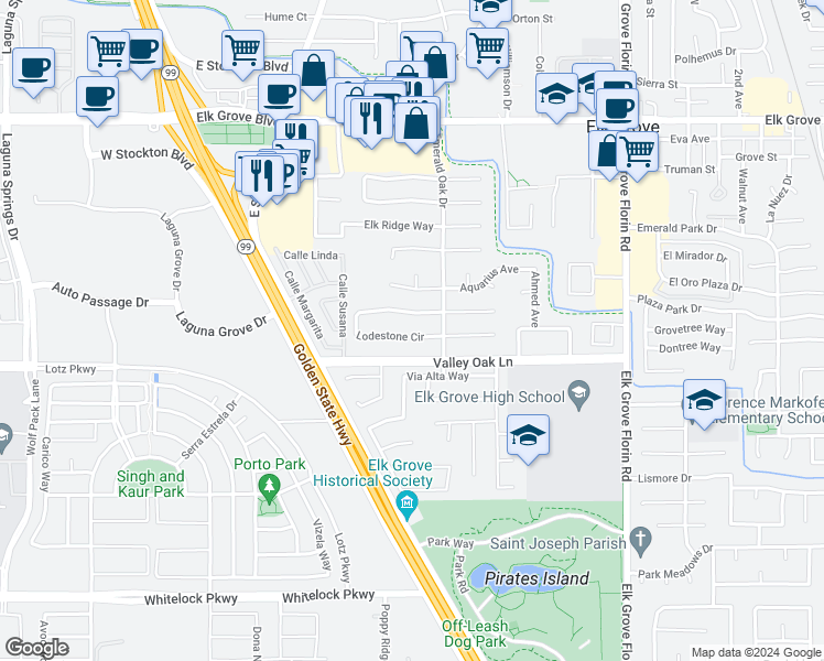 map of restaurants, bars, coffee shops, grocery stores, and more near 8617 Lodestone Circle in Elk Grove