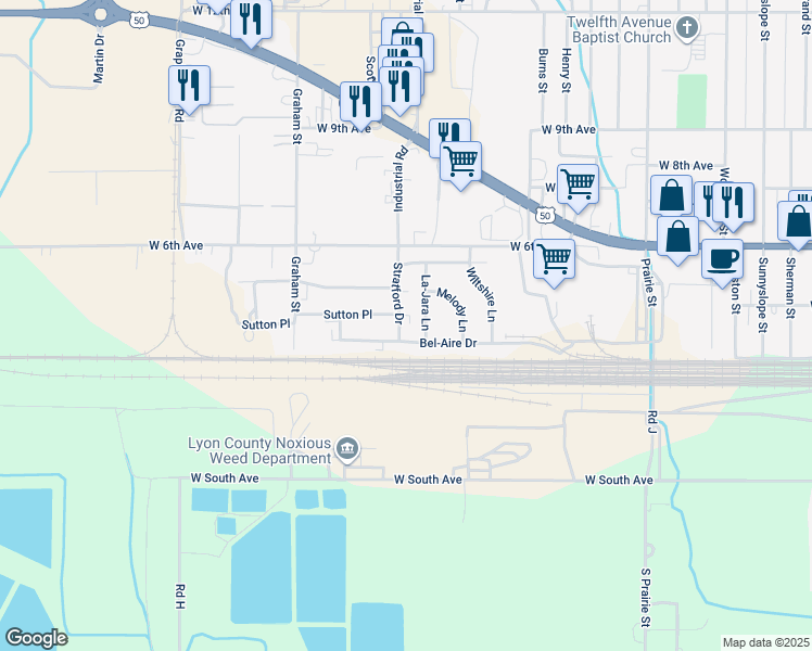 map of restaurants, bars, coffee shops, grocery stores, and more near 404 Stratford Drive in Emporia