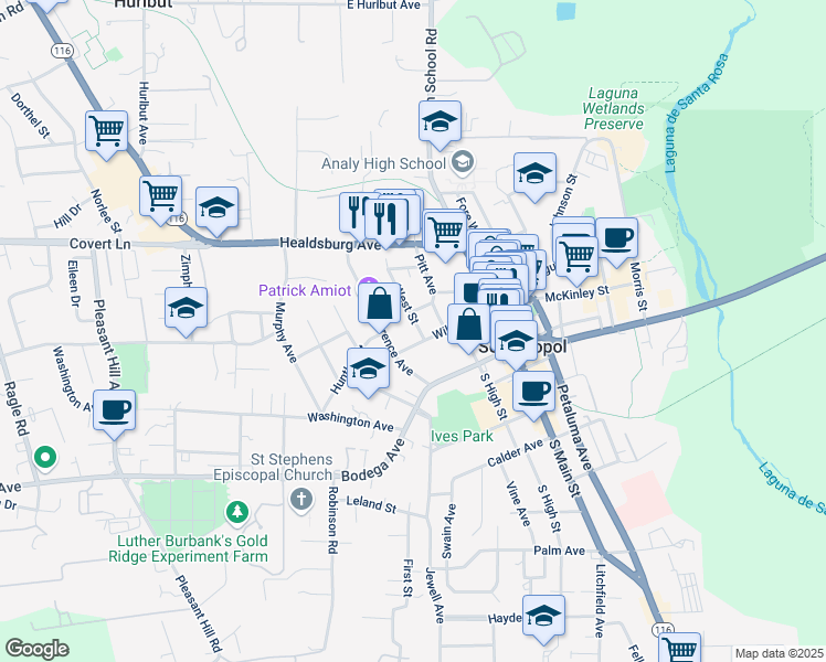 map of restaurants, bars, coffee shops, grocery stores, and more near 220 West Street in Sebastopol
