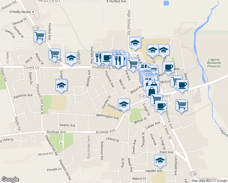 map of restaurants, bars, coffee shops, grocery stores, and more near 306 Florence Avenue in Sebastopol