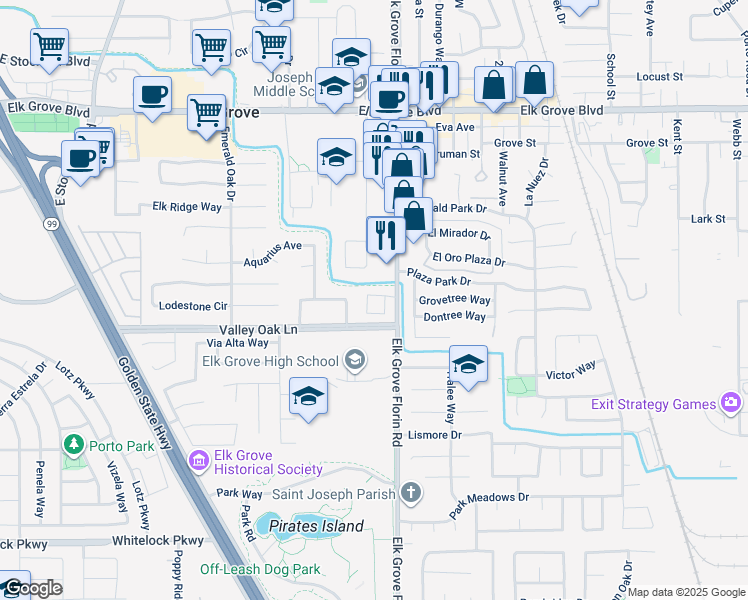 map of restaurants, bars, coffee shops, grocery stores, and more near 8875 Cadura Circle in Elk Grove