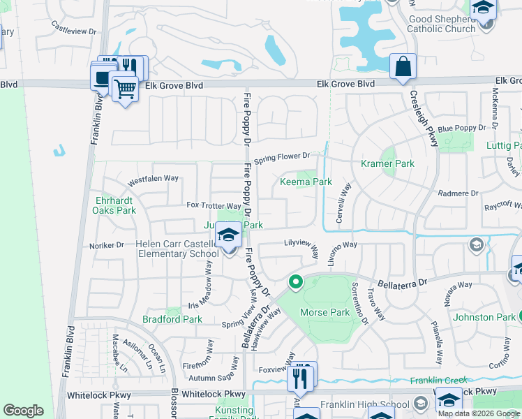 map of restaurants, bars, coffee shops, grocery stores, and more near 5500 Heather Field Way in Elk Grove