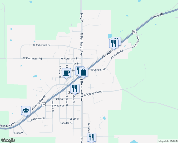 map of restaurants, bars, coffee shops, grocery stores, and more near 200 East Canaan Road in Gerald