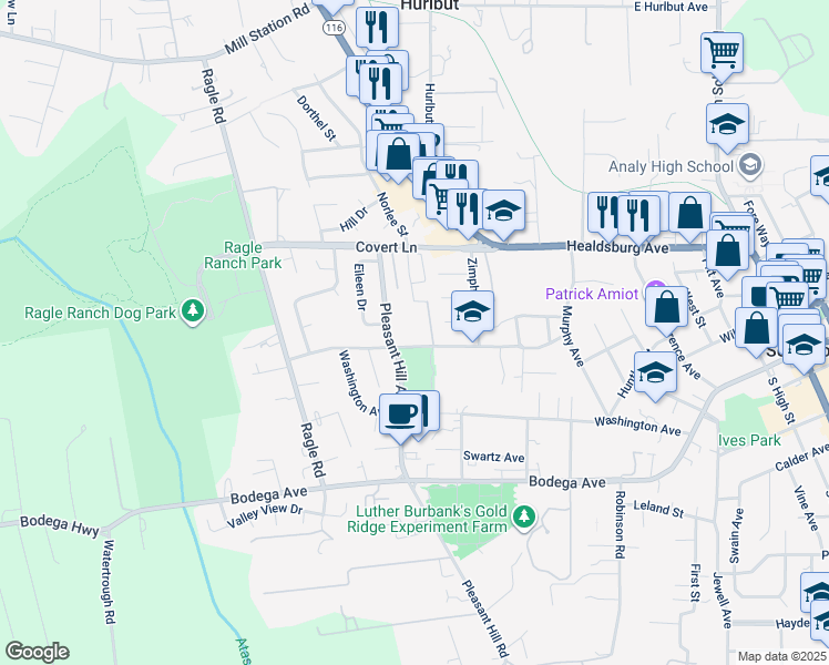 map of restaurants, bars, coffee shops, grocery stores, and more near 417 Pleasant Hill Road in Sebastopol