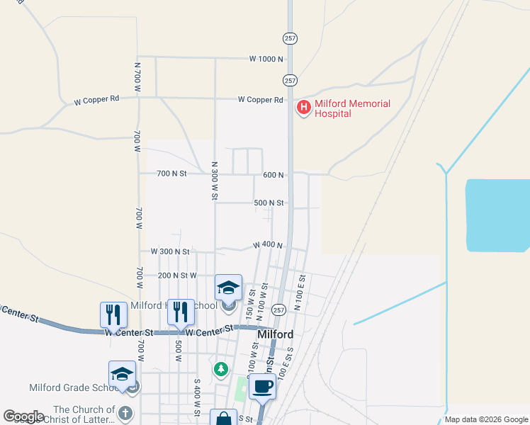 map of restaurants, bars, coffee shops, grocery stores, and more near 481 North 100 West Street in Milford