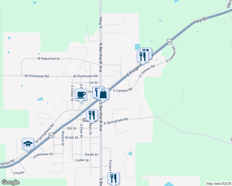 map of restaurants, bars, coffee shops, grocery stores, and more near 200 East Canaan Road in Gerald