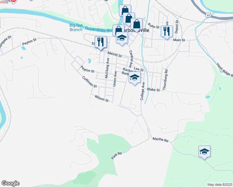map of restaurants, bars, coffee shops, grocery stores, and more near 1600-1622 Union Ave in Barboursville