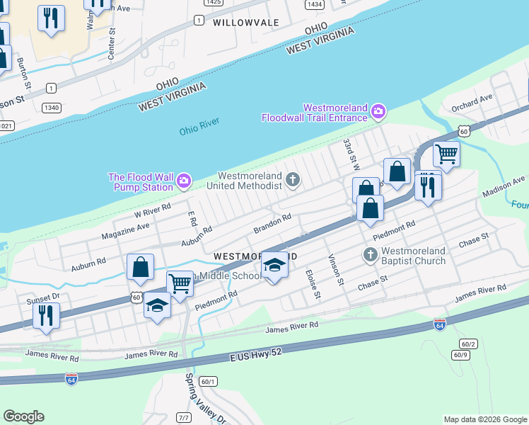 map of restaurants, bars, coffee shops, grocery stores, and more near 271 Illinois Street in Huntington