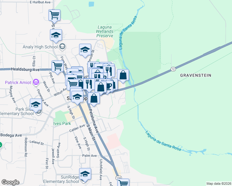 map of restaurants, bars, coffee shops, grocery stores, and more near 6681 Sebastopol Avenue in Sebastopol