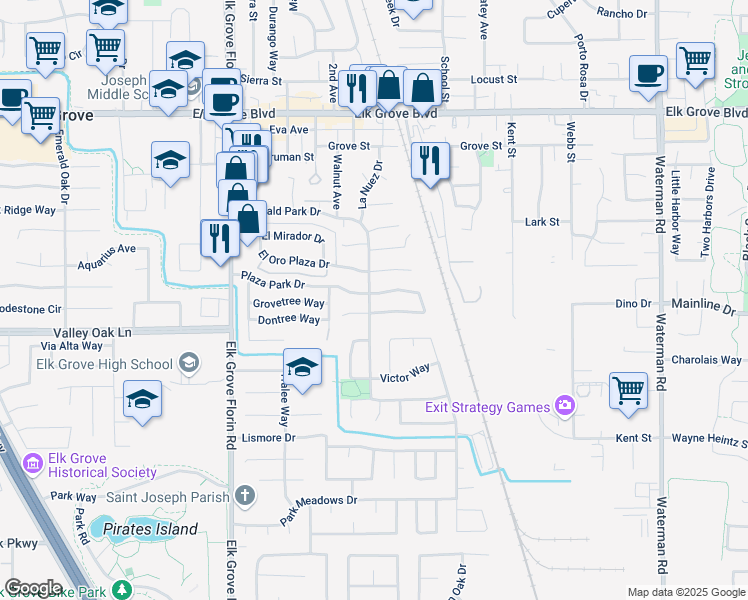 map of restaurants, bars, coffee shops, grocery stores, and more near 9022 Plaza Park Drive in Elk Grove