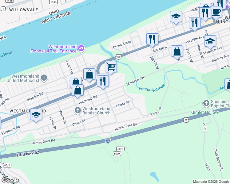map of restaurants, bars, coffee shops, grocery stores, and more near 2942-2950 Piedmont Rd in Huntington