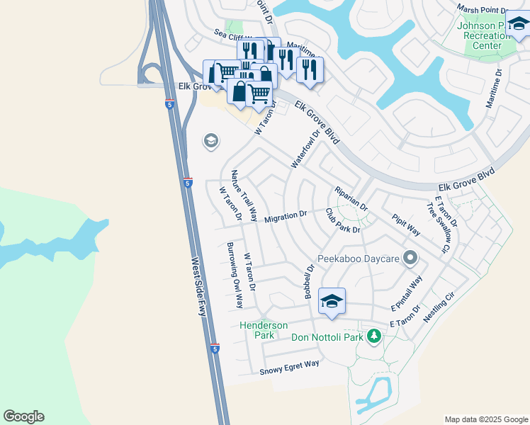 map of restaurants, bars, coffee shops, grocery stores, and more near 9766 Harrier Way in Elk Grove