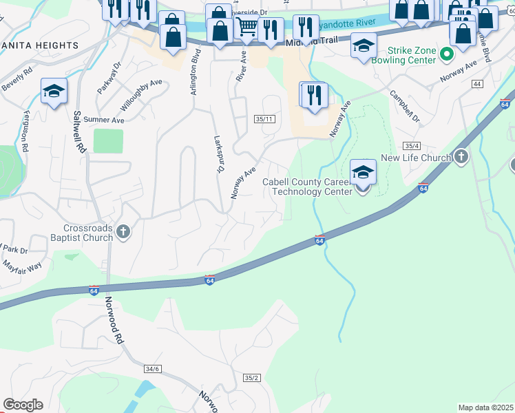 map of restaurants, bars, coffee shops, grocery stores, and more near Lynwood Terrace in Huntington