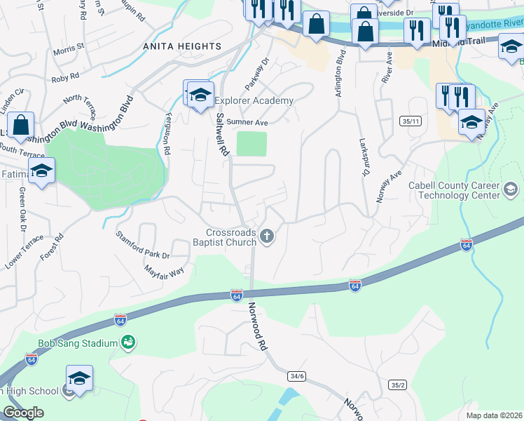 map of restaurants, bars, coffee shops, grocery stores, and more near 830 North Norwood Road in Huntington