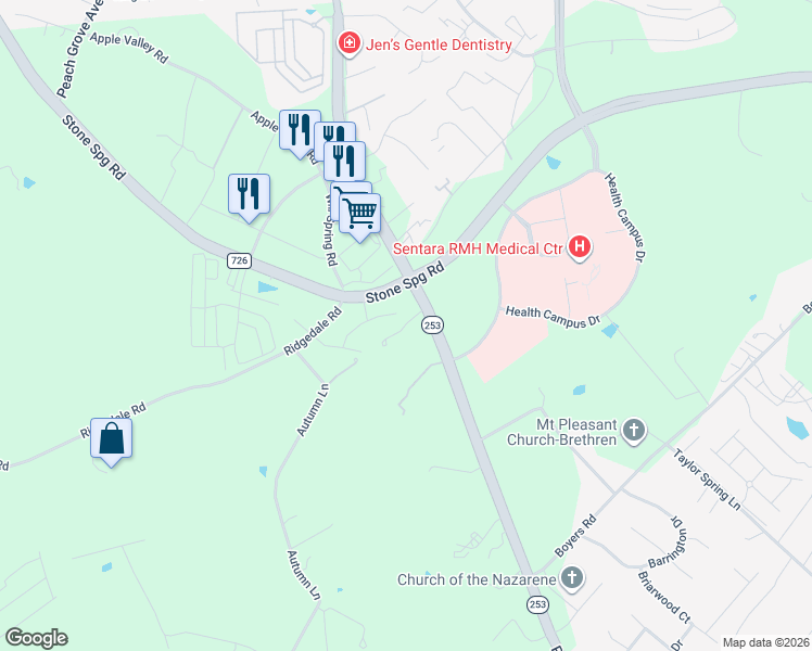 map of restaurants, bars, coffee shops, grocery stores, and more near Boyd Ln in Rockingham