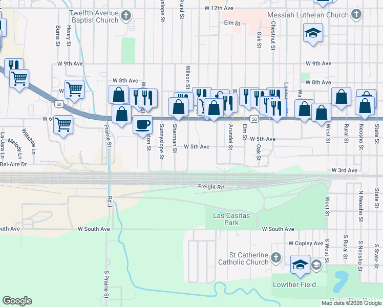 map of restaurants, bars, coffee shops, grocery stores, and more near 336 Wilson St in Emporia