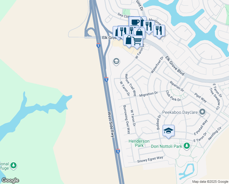 map of restaurants, bars, coffee shops, grocery stores, and more near 2317 Carex Court in Elk Grove