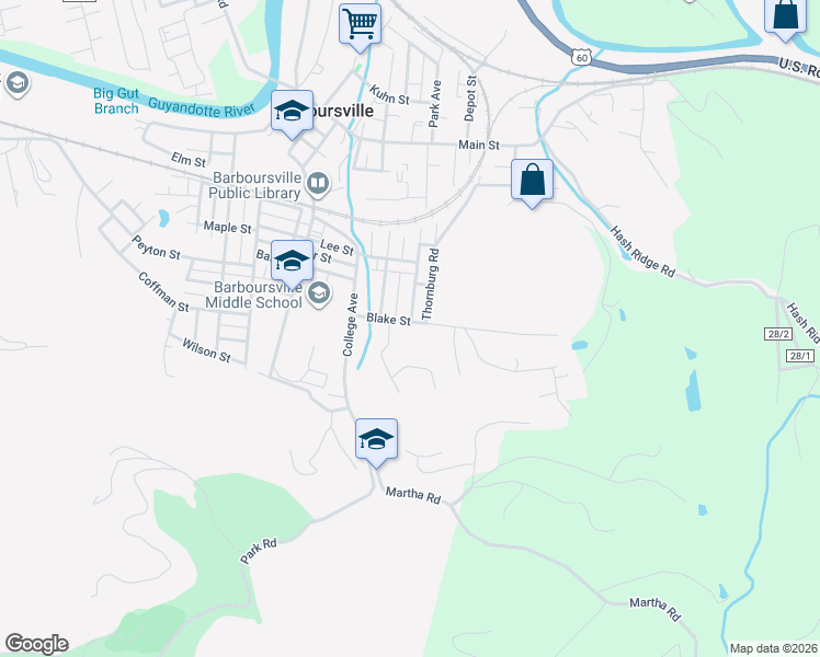 map of restaurants, bars, coffee shops, grocery stores, and more near 1201 Blake St in Barboursville