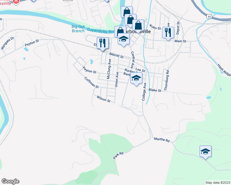 map of restaurants, bars, coffee shops, grocery stores, and more near 1622 Union Ave in Barboursville