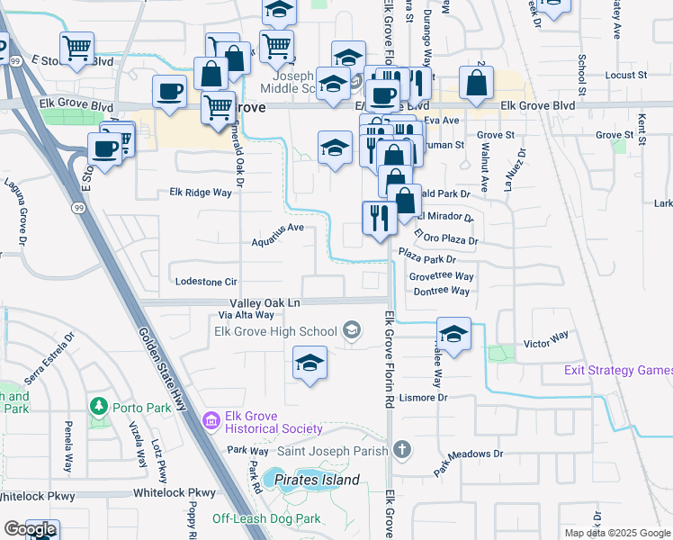 map of restaurants, bars, coffee shops, grocery stores, and more near 8851 Minnie Circle in Elk Grove