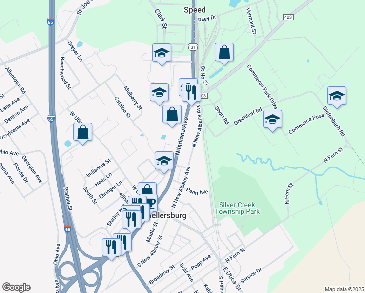 map of restaurants, bars, coffee shops, grocery stores, and more near 440 North Indiana Avenue in Sellersburg