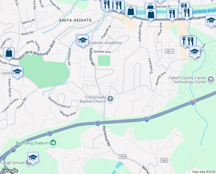 map of restaurants, bars, coffee shops, grocery stores, and more near 830 North Norwood Road in Huntington