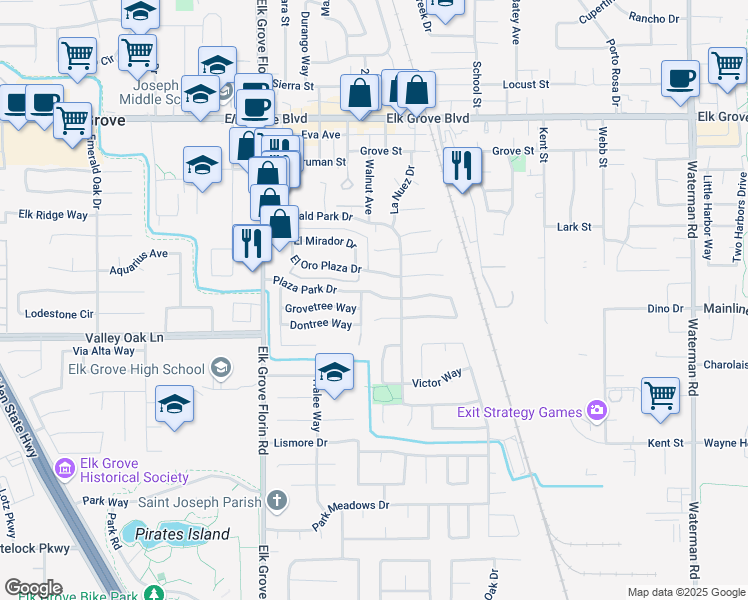 map of restaurants, bars, coffee shops, grocery stores, and more near 9000 Plaza Park Drive in Elk Grove