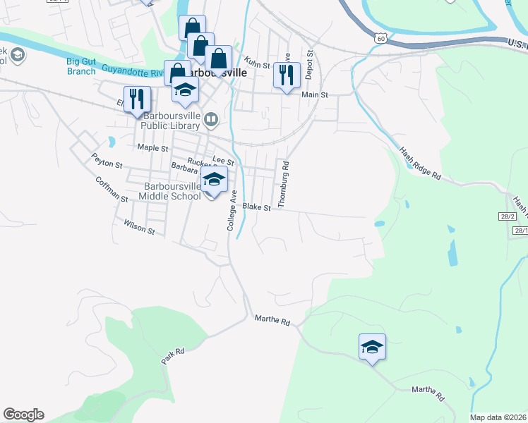 map of restaurants, bars, coffee shops, grocery stores, and more near 1201 Blake St in Barboursville
