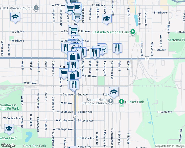 map of restaurants, bars, coffee shops, grocery stores, and more near 412 Market St in Emporia