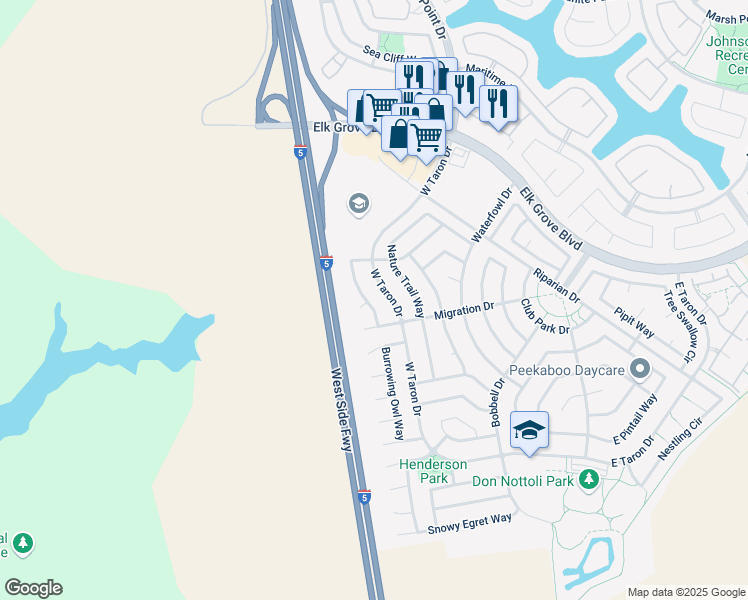 map of restaurants, bars, coffee shops, grocery stores, and more near 9861 Ruddy Duck Way in Elk Grove